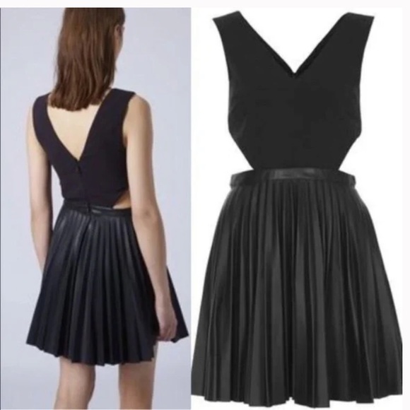 Topshop Black Vegan Faux Leather Cutout Pleated Mini Little Cocktail Dr… - Picture 2 of 10